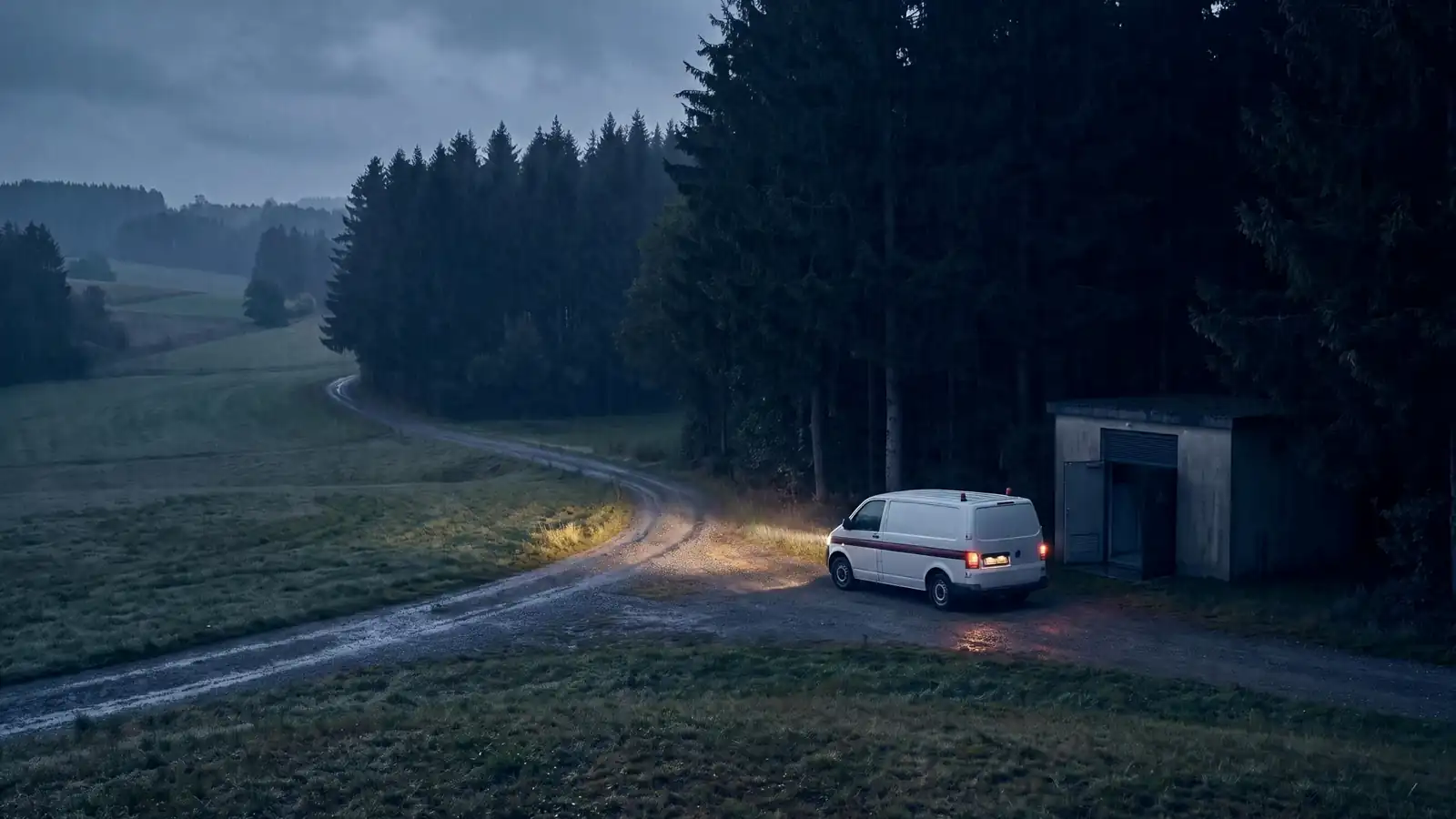 Nacht und Regen: Ein Einsatzfahrzeug steht an einer unbeleuchteten Regelstation am Waldrand.